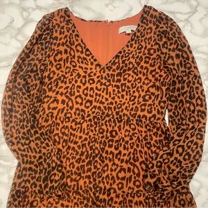 Loft Leopard Print Tiered V-Neck Midi Dress in Orange